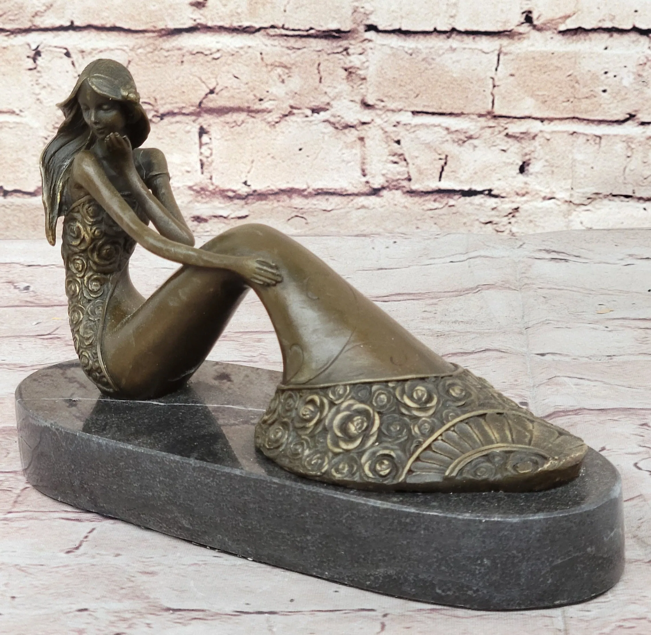 Abstract Female Figure Sitting Posing Mermaid Style Fashion Decor Bronze Sculpture Original Art