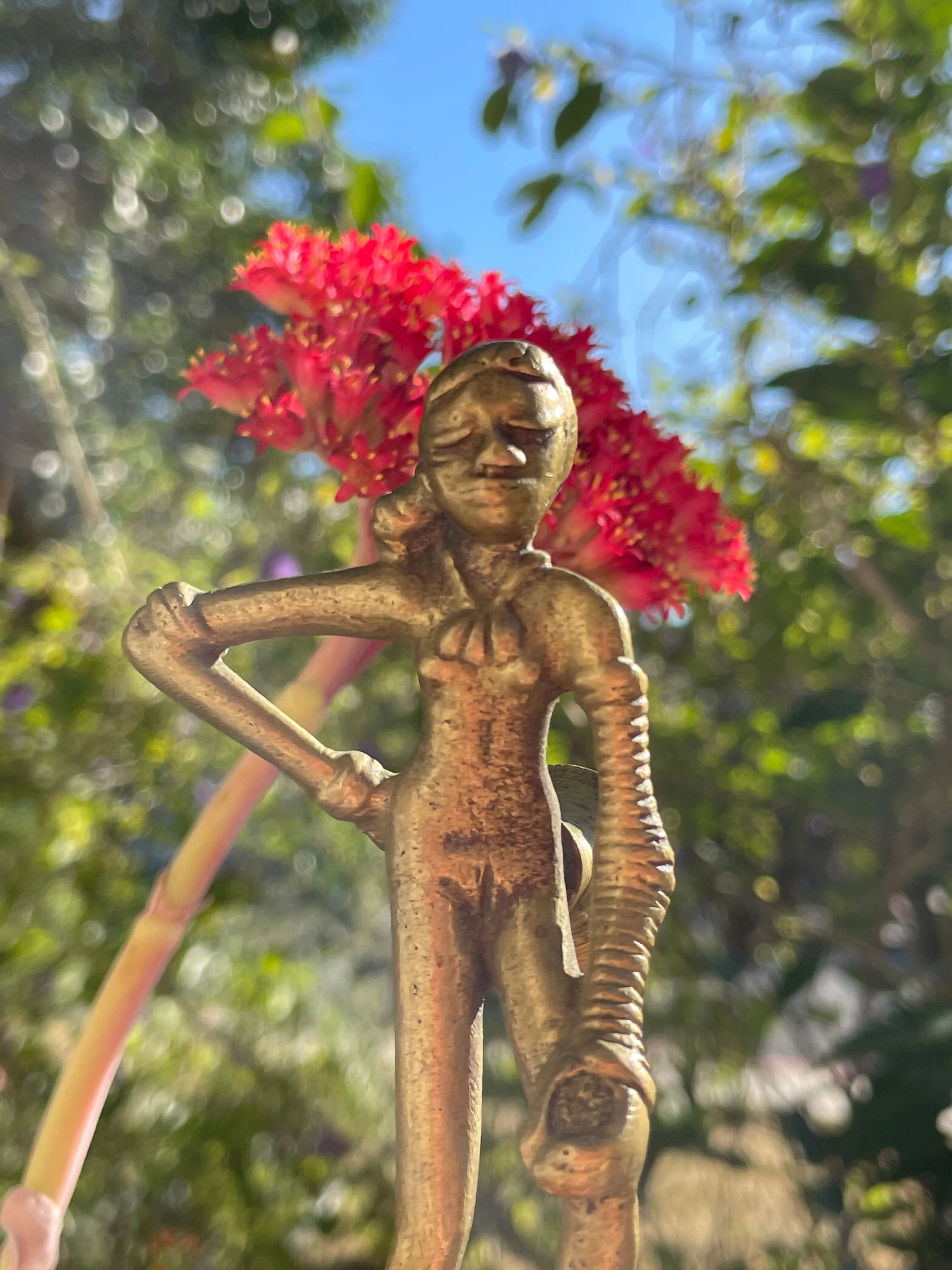 Antique Metal Brass Gold Tone Tribal Woman Warrior Figurine Folk Art Decor