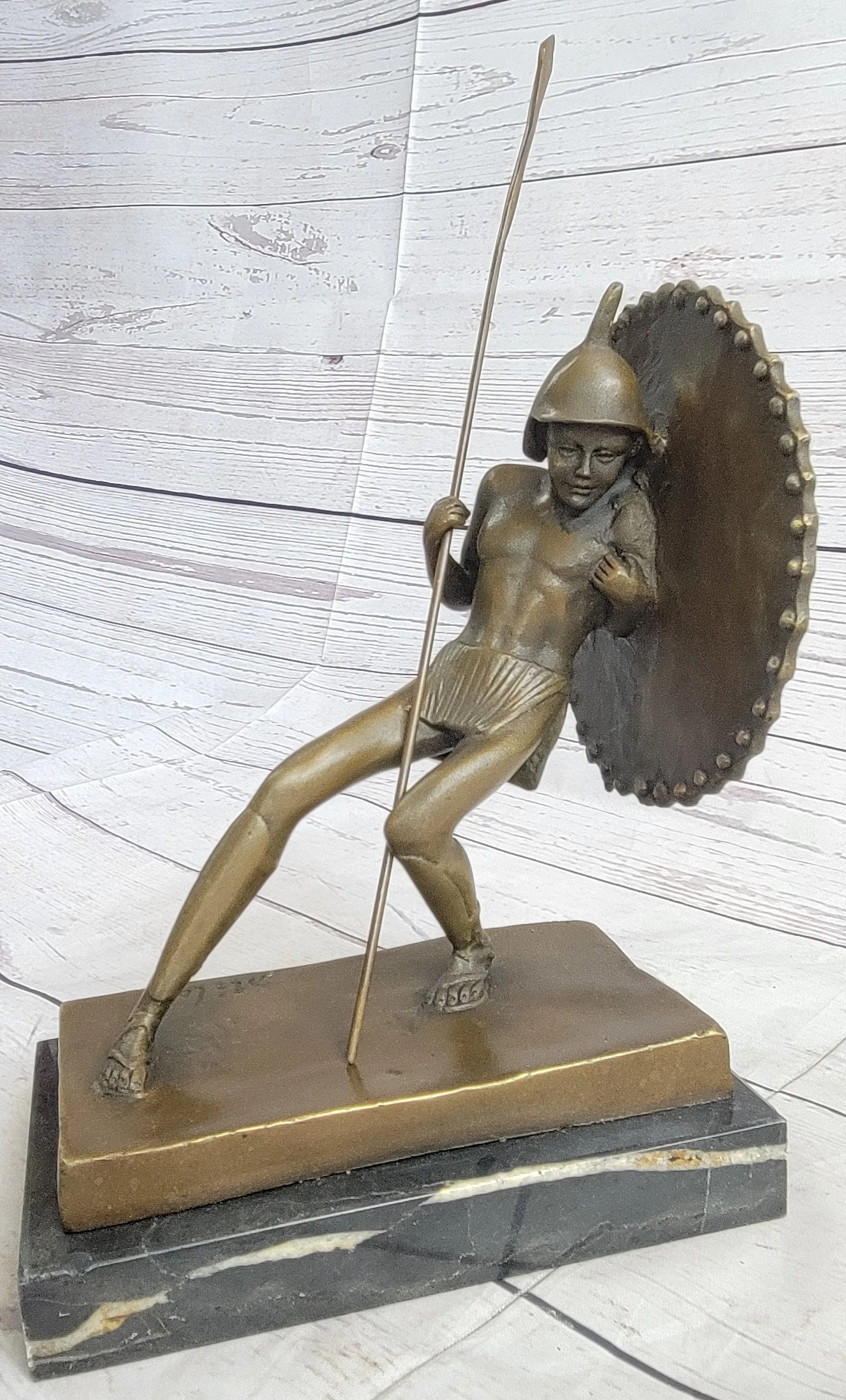 Gladiator with Shield & Spear Bronze Metal PAIR of Opposing Bookend Sculptures 11" x 9"