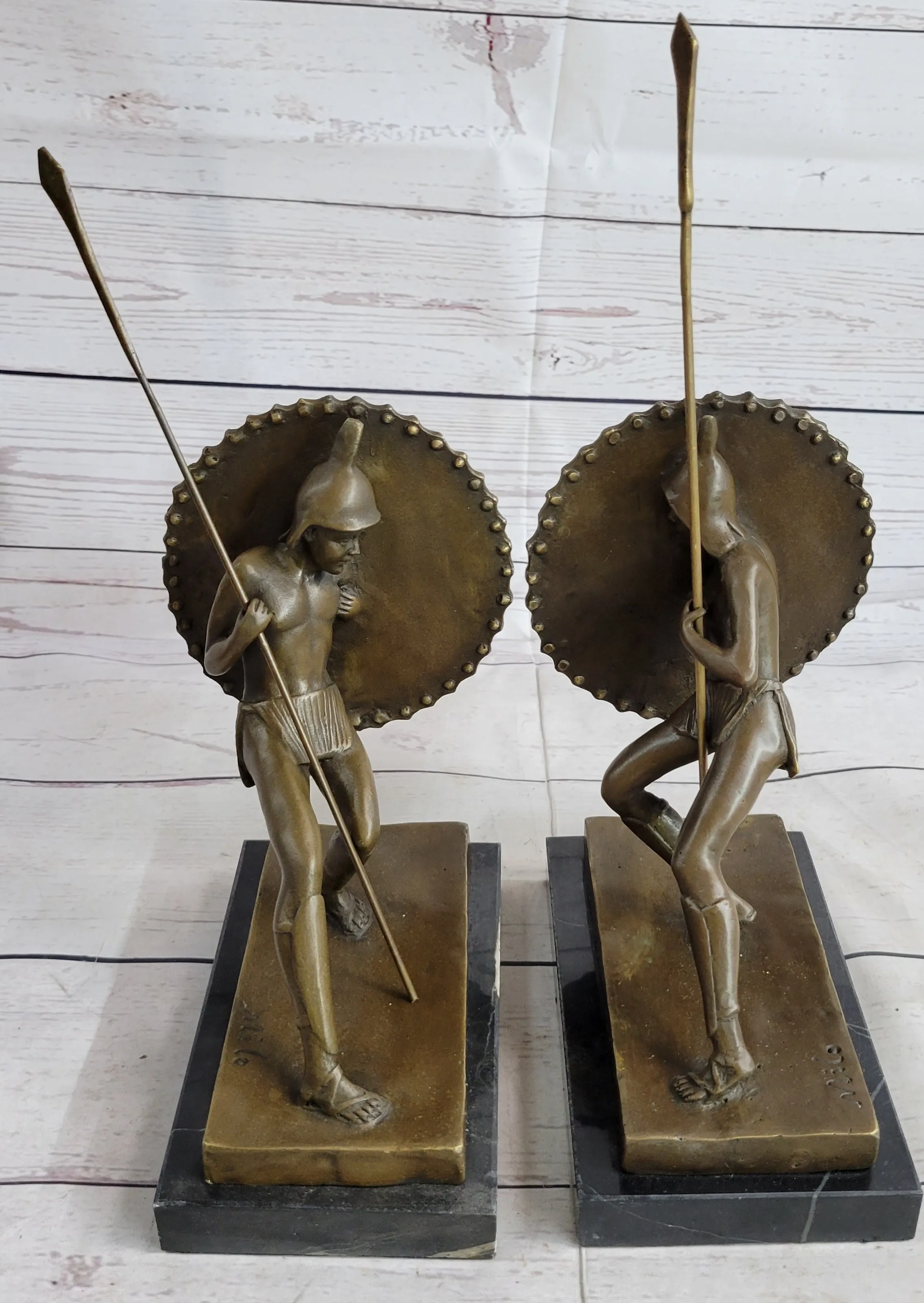 Gladiator with Shield & Spear Bronze Metal PAIR of Opposing Bookend Sculptures 11" x 9"