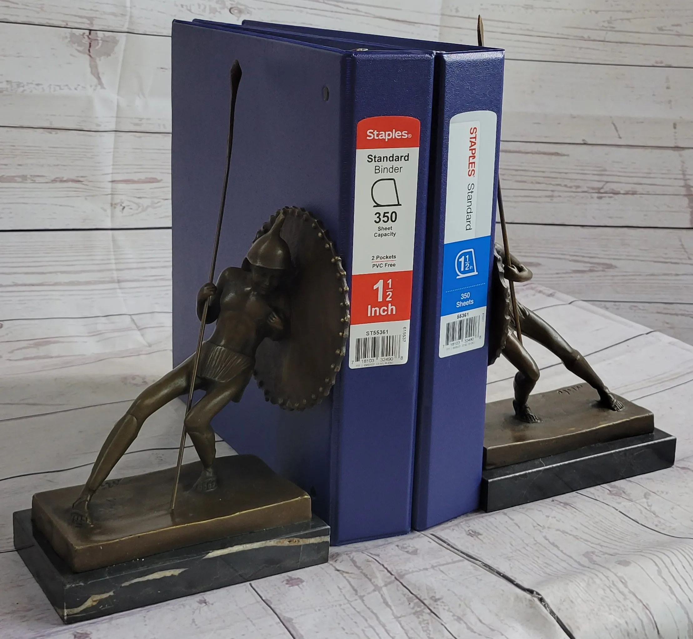 Gladiator with Shield & Spear Bronze Metal PAIR of Opposing Bookend Sculptures 11" x 9"