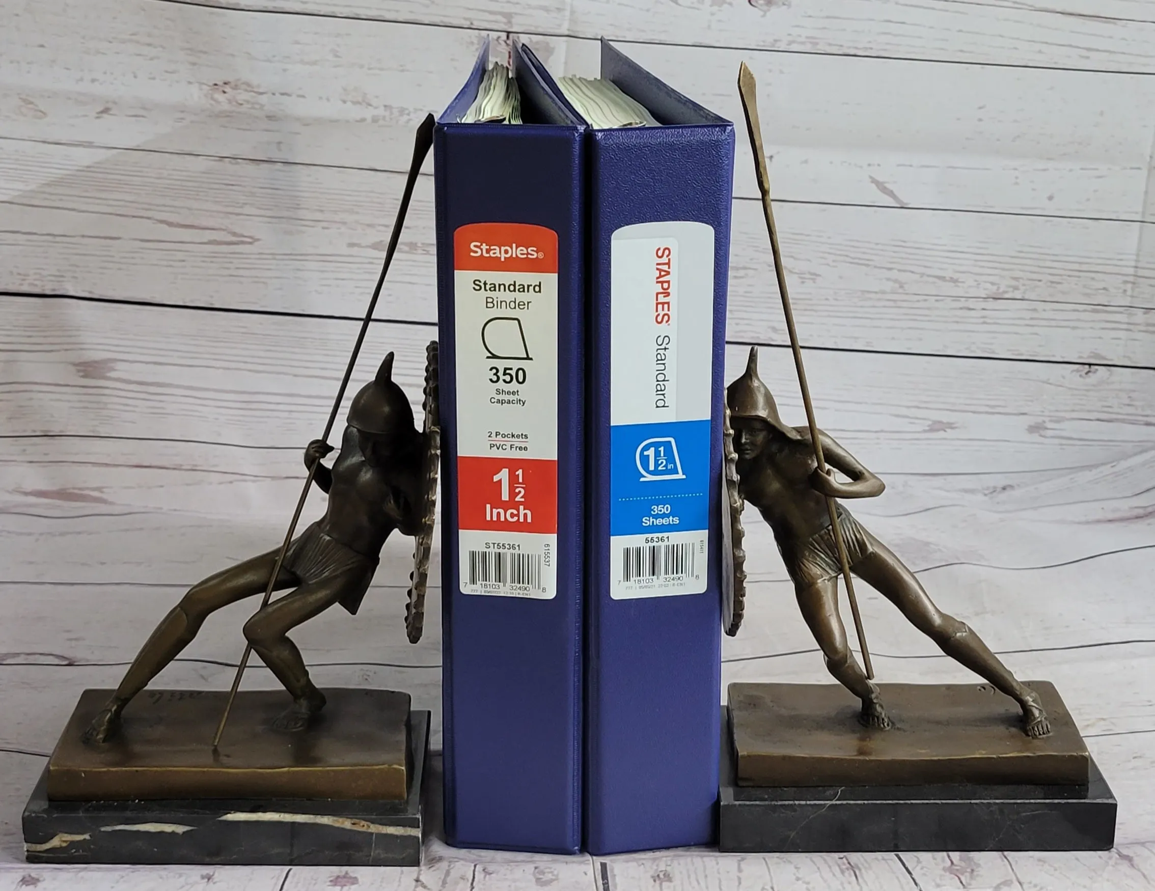 Gladiator with Shield & Spear Bronze Metal PAIR of Opposing Bookend Sculptures 11" x 9"