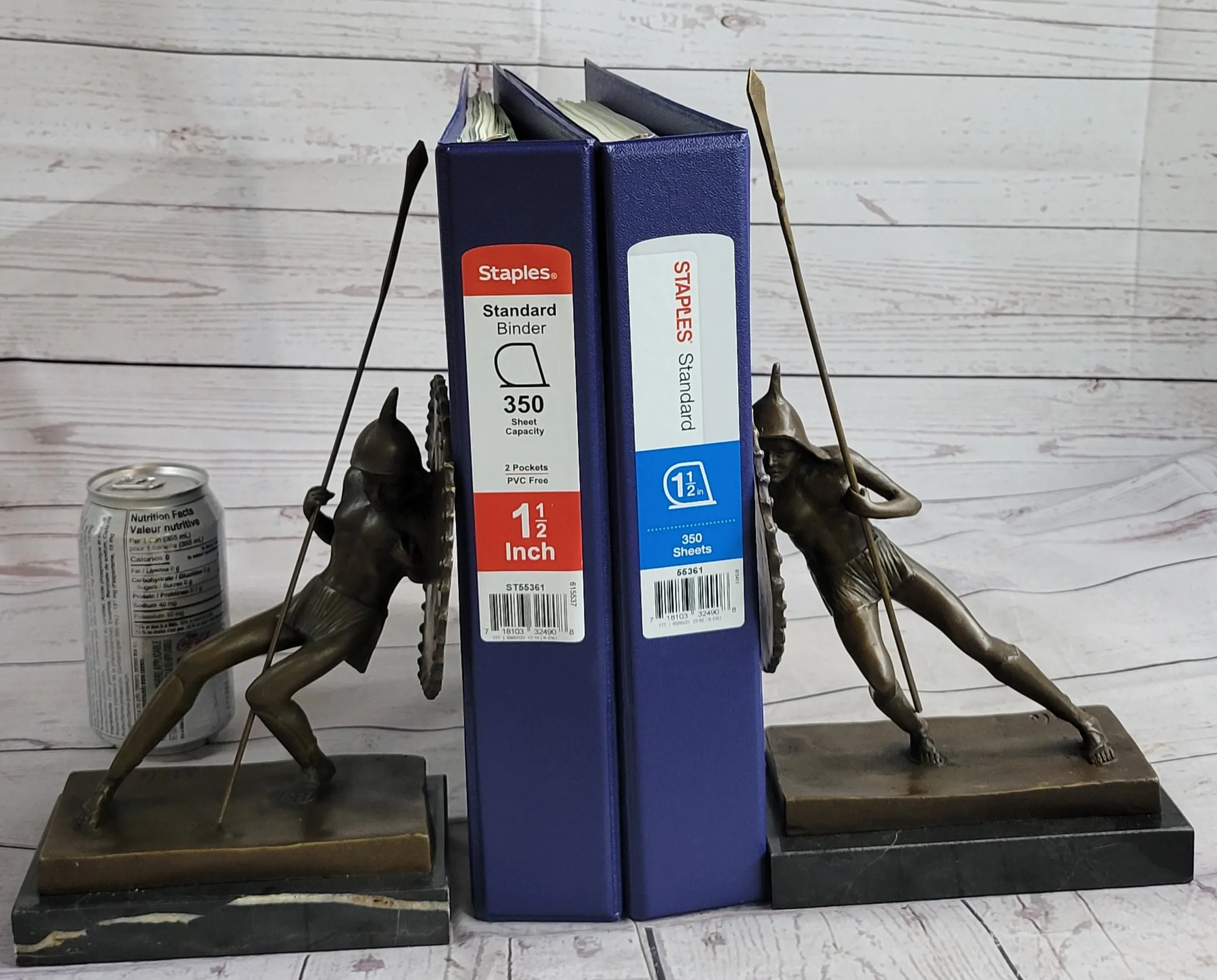 Gladiator with Shield & Spear Bronze Metal PAIR of Opposing Bookend Sculptures 11" x 9"