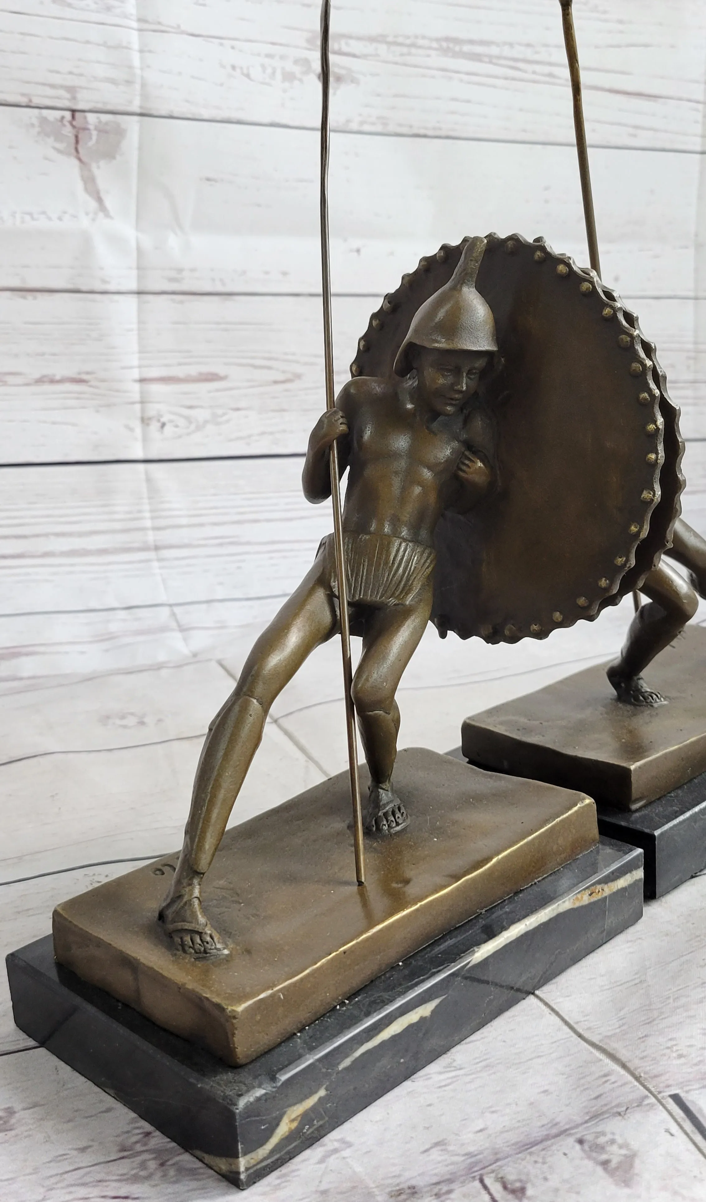 Gladiator with Shield & Spear Bronze Metal PAIR of Opposing Bookend Sculptures 11" x 9"