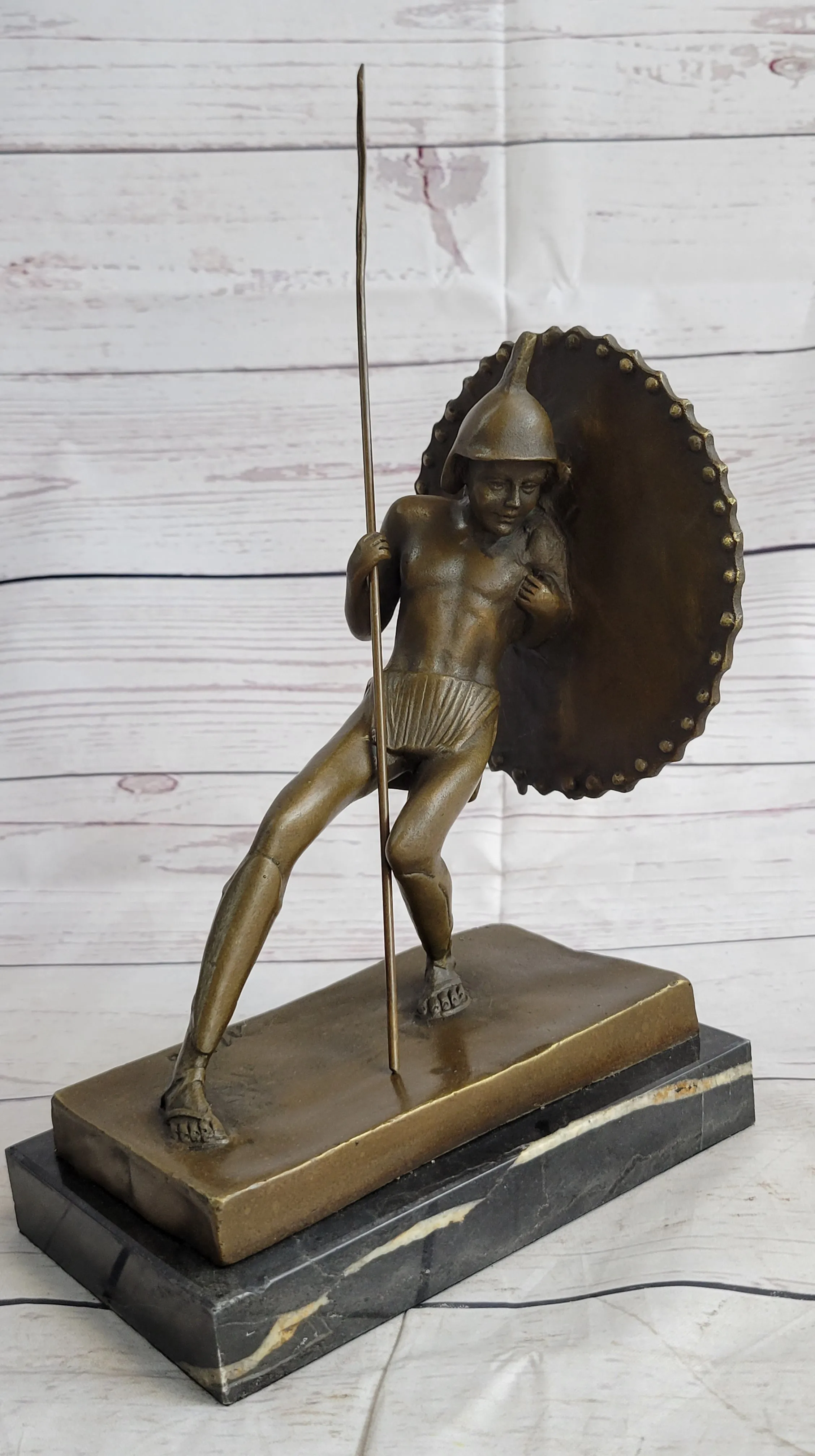 Gladiator with Shield & Spear Bronze Metal PAIR of Opposing Bookend Sculptures 11" x 9"