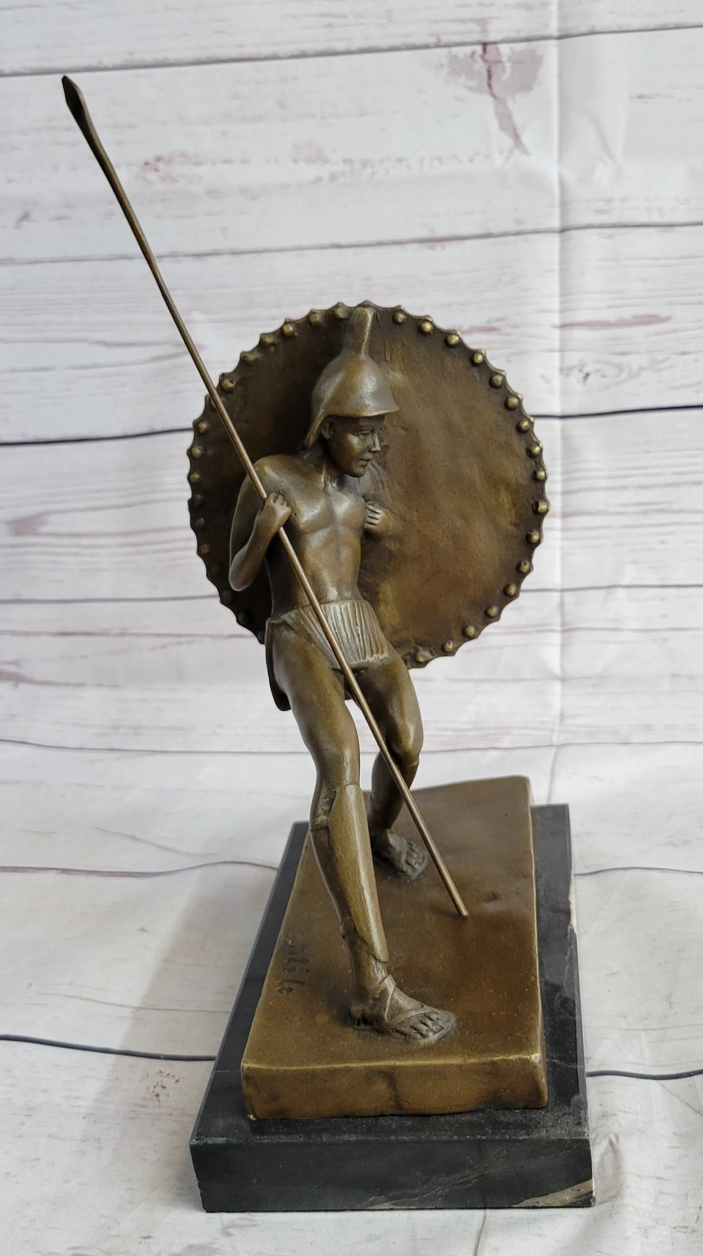 Gladiator with Shield & Spear Bronze Metal PAIR of Opposing Bookend Sculptures 11" x 9"