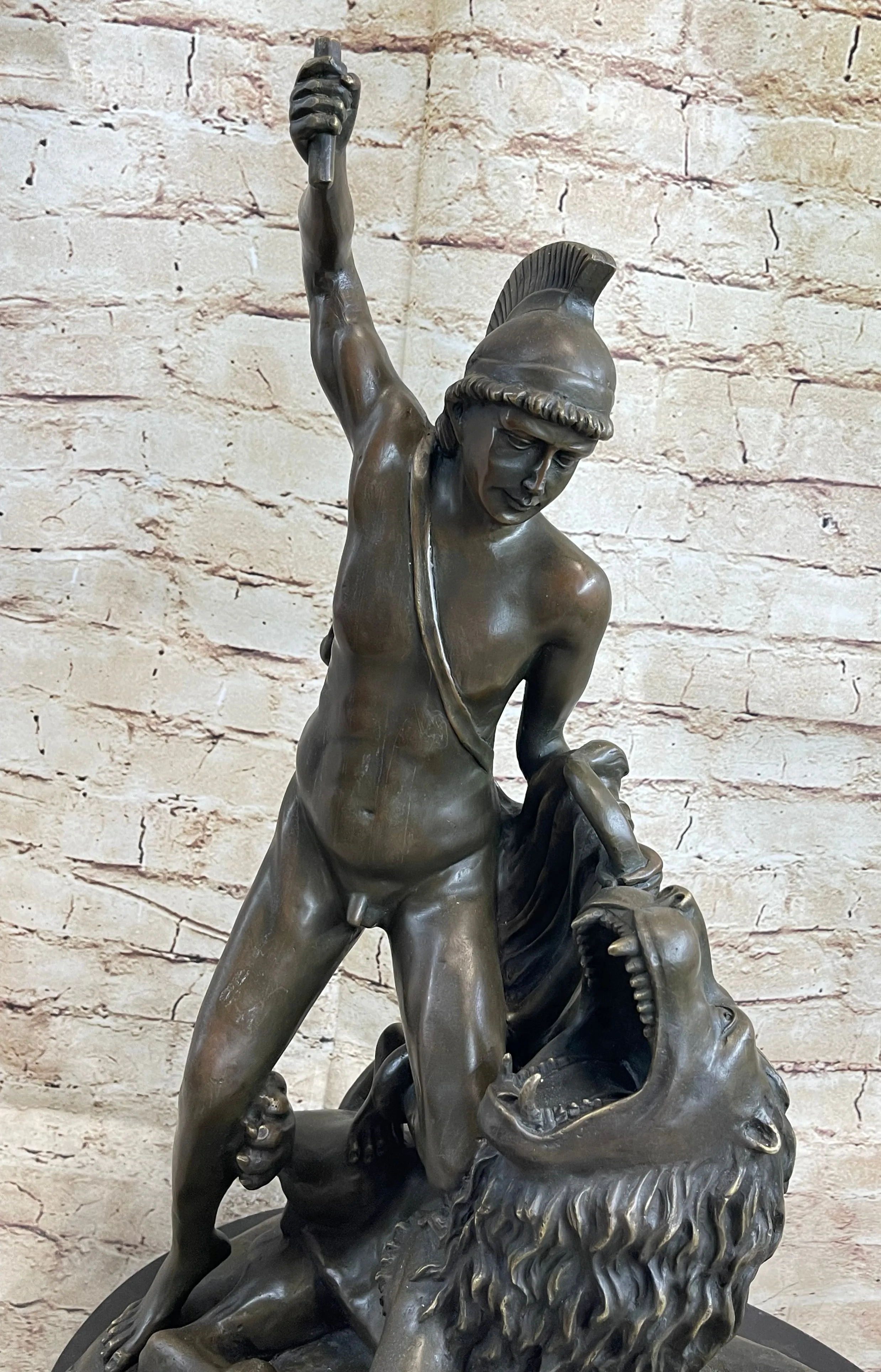 Greek Roman Warrior Gladiator Slaying Lion Bronze Statue Sculpture Figure 22" x 18"