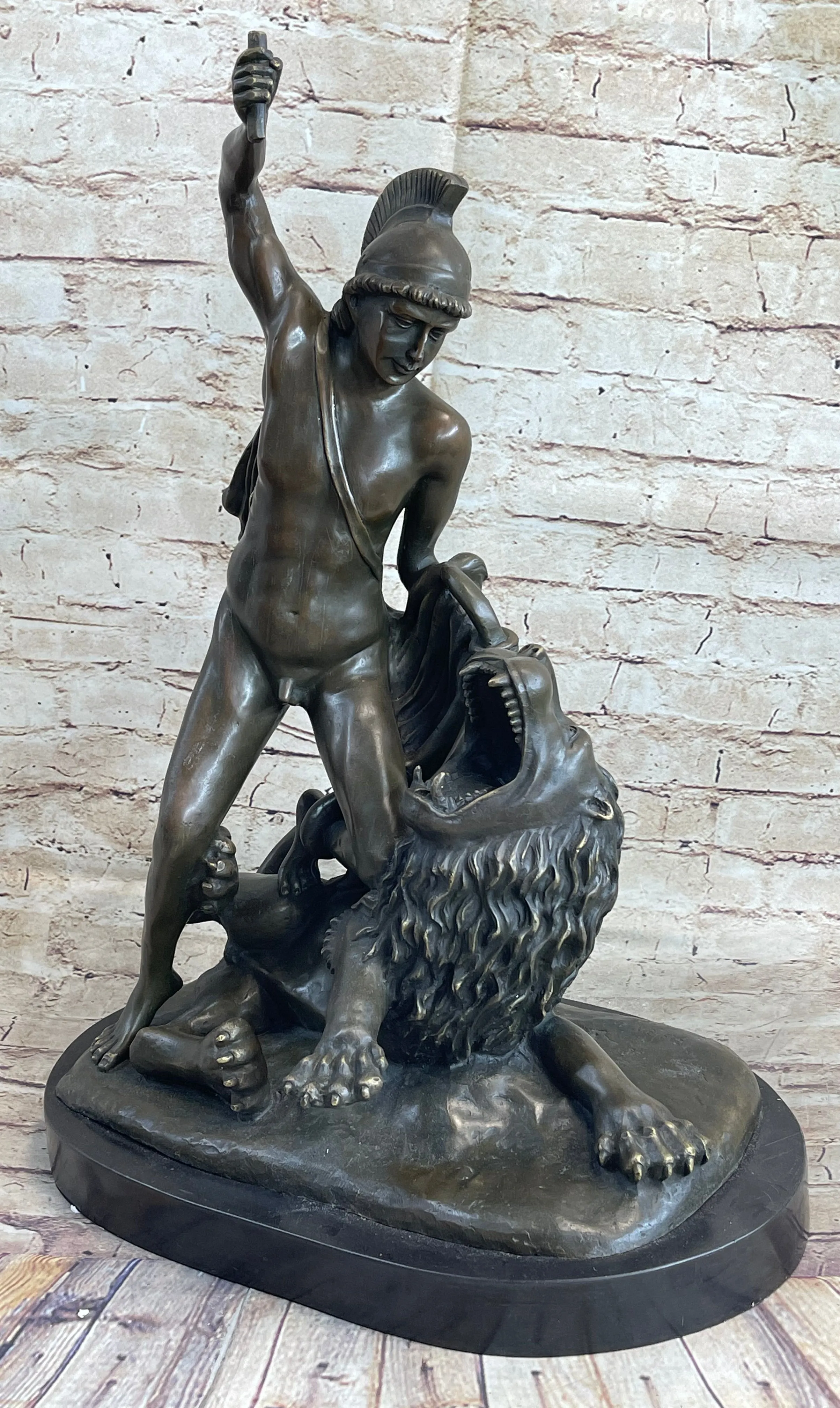 Greek Roman Warrior Gladiator Slaying Lion Bronze Statue Sculpture Figure 22" x 18"