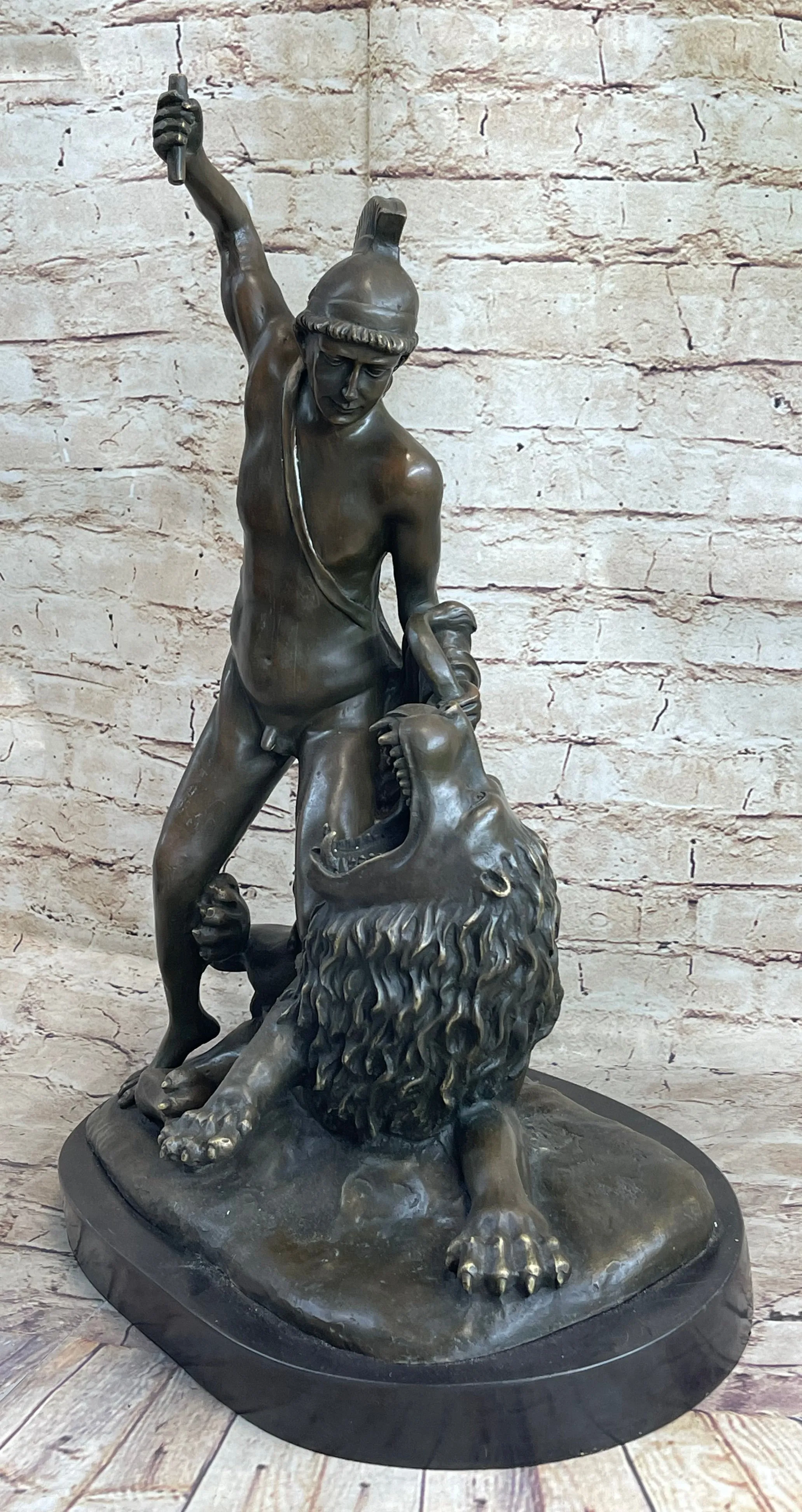 Greek Roman Warrior Gladiator Slaying Lion Bronze Statue Sculpture Figure 22" x 18"